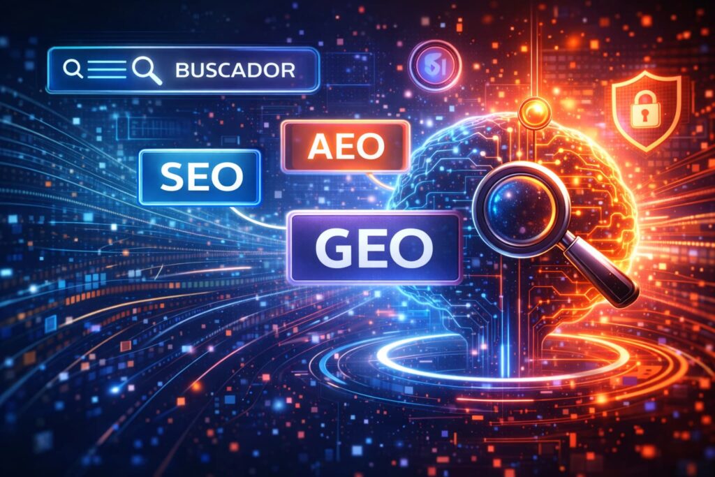 Ilustración de buscador con inteligencia artificial mostrando resultados SEO, AEO y GEO en un entorno digital futurista