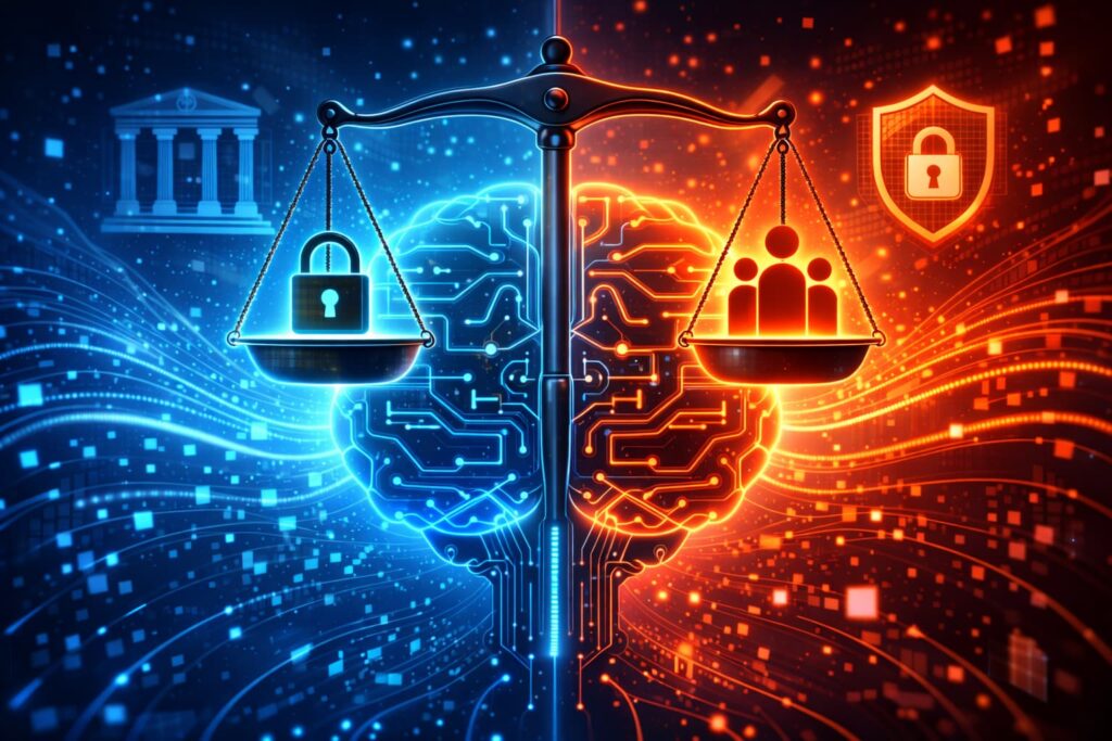 Ilustración de inteligencia artificial tomando decisiones con símbolos de ética, justicia y privacidad