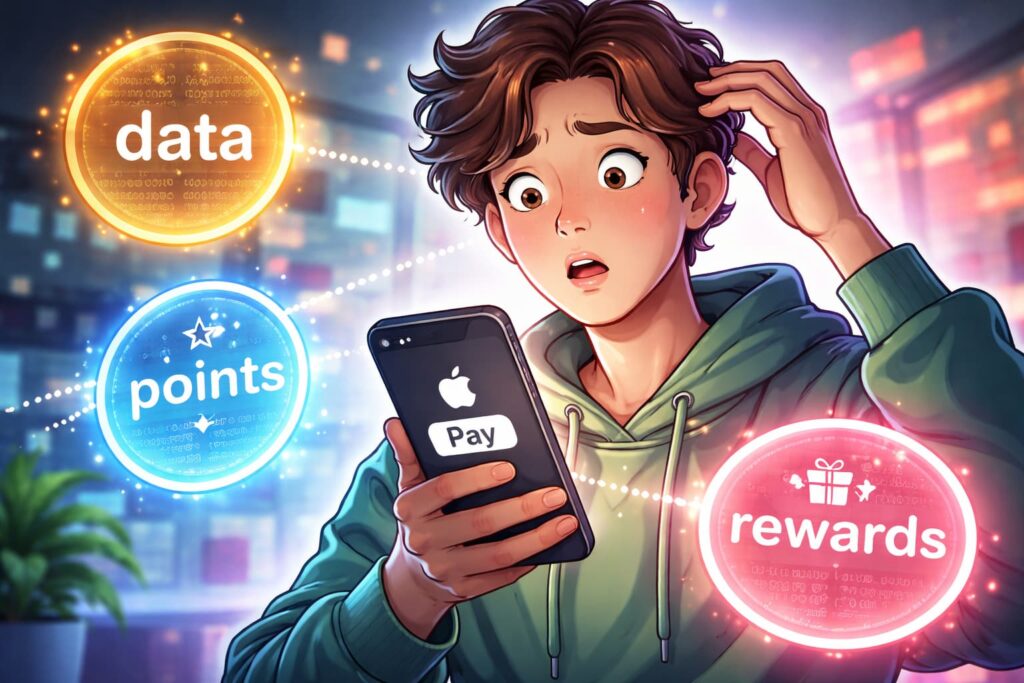 Ilustración de joven confundido con dinero digital y Apple Pay representando ansiedad financiera Gen Z