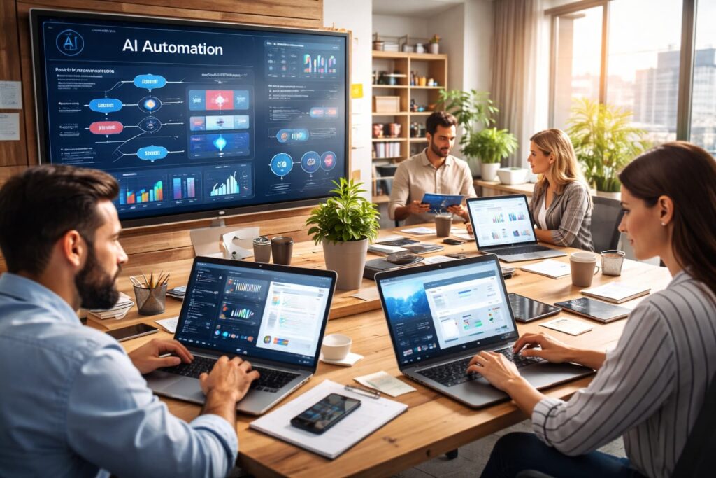 Pequeña empresa usando inteligencia artificial y automatización en un entorno digital moderno